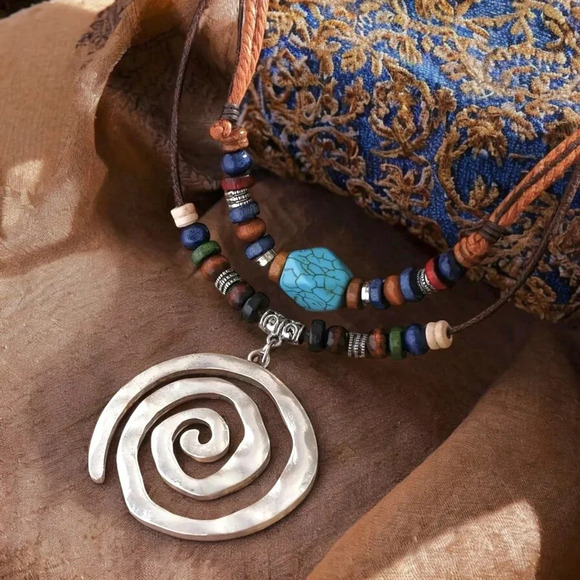 Boho Chic Adjustable Multilayer Beaded Necklace with Trendy Spiral Pendant - Picture 13 of 13